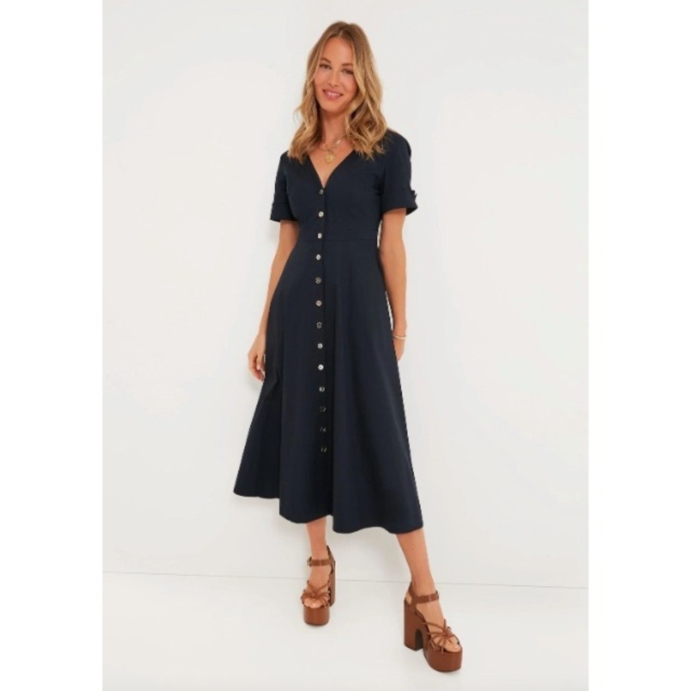 Tuckernuck Navy Button Front Midi Dress V-Neck Quiet Luxury Business | Size XL